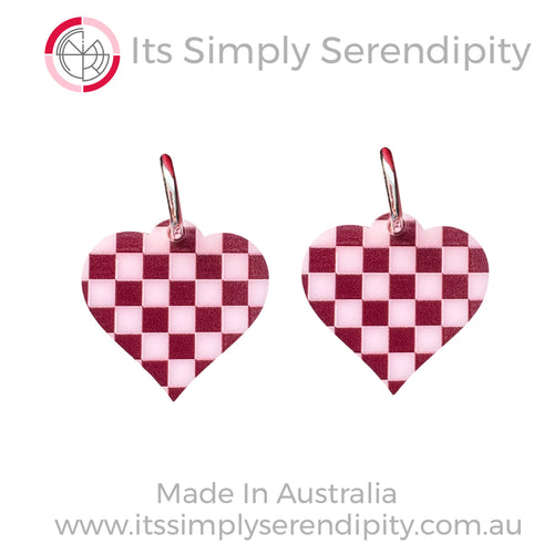 Pink Check Heart - Huggie Hoops