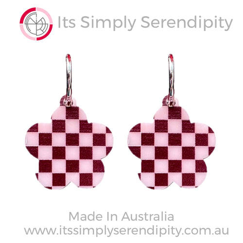 Pink Check Flower - Huggie Hoops