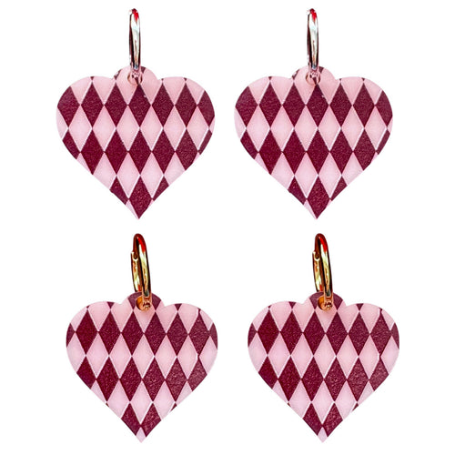 Pink Harlequin Heart - Huggie Hoops