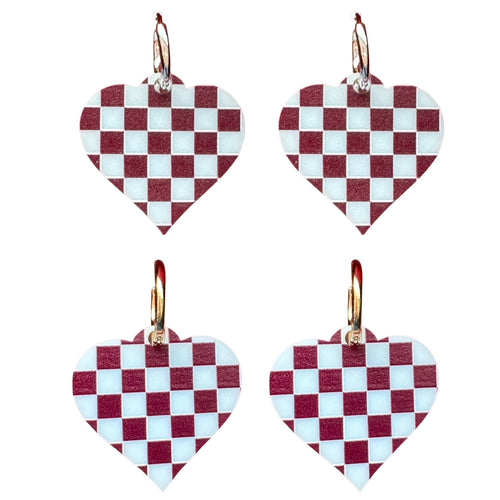 Blue Check Heart - Huggie Hoops