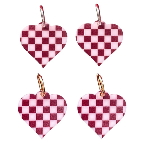 Pink Check Heart - Huggie Hoops
