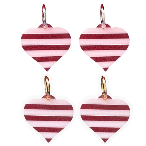 Pink Stripe Heart - Huggie Hoops