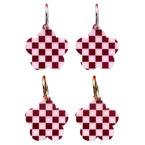 Pink Check Flower - Huggie Hoops